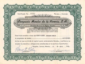 Compania Metales de la Victoria, S.A. - Stock Certificate